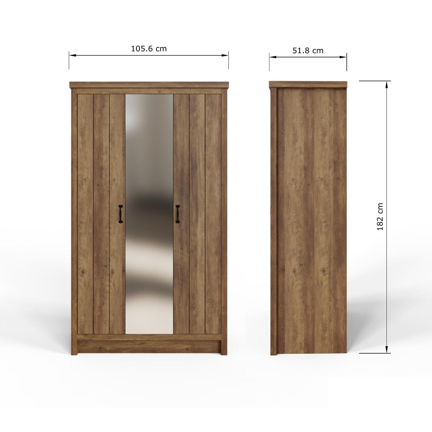 GFW Boston 3 Door Mirrored Wardrobe - Knotty Oak Dimensions