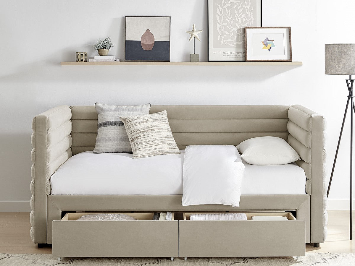 Limelight Bellatrix Fabric Day Bed with Storage Drawers - Taupe Front view drawers open