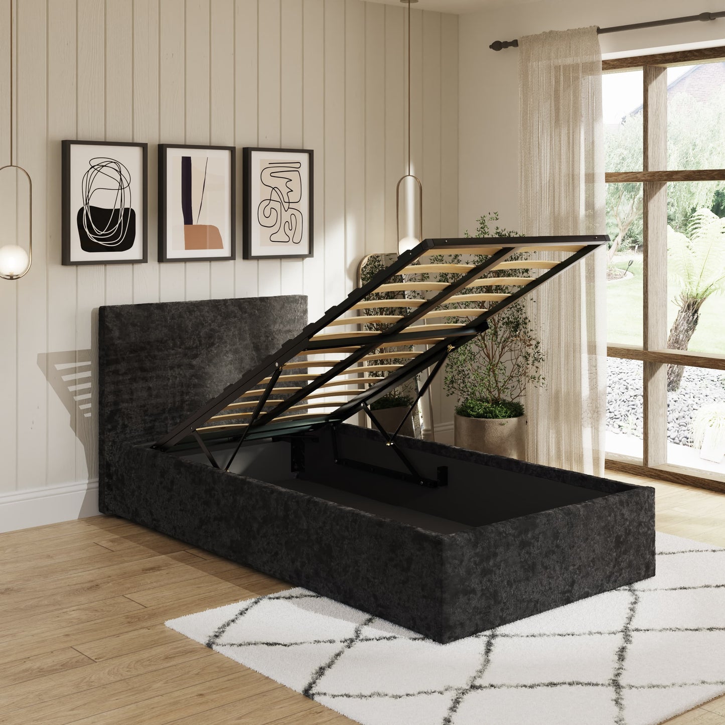 GFW End Lift Black Crushed Velvet Ottoman Bed Frame - Single Open