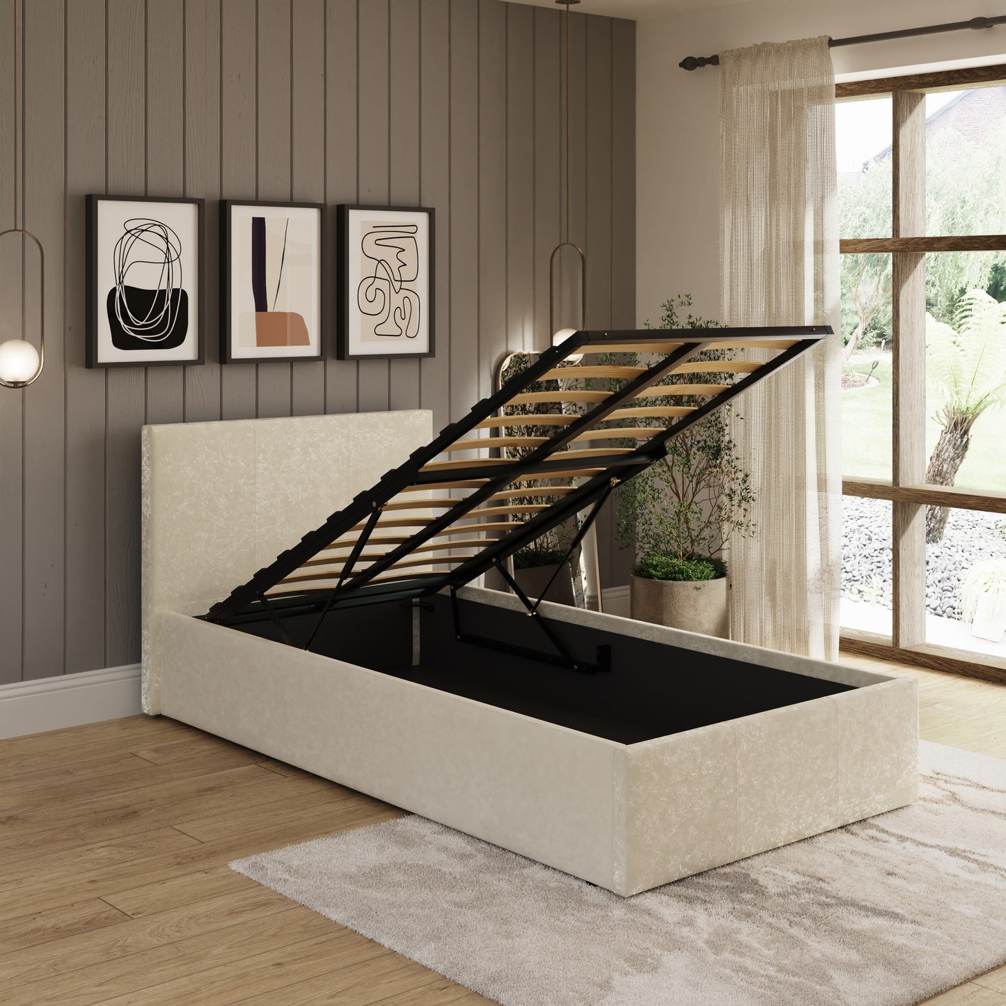 GFW End Lift Cream Crushed Velvet Ottoman Bed Frame - Single Open