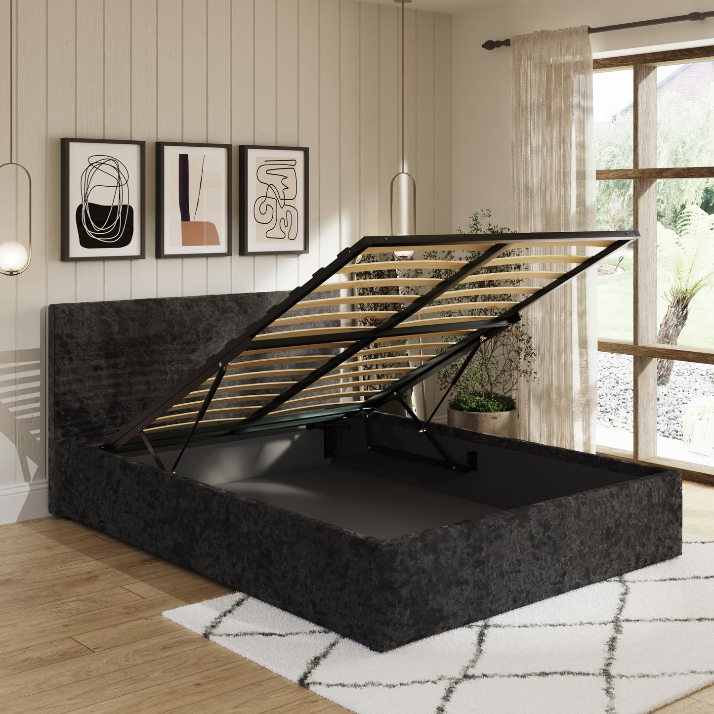 GFW End Lift Black Crushed Velvet Ottoman Bed Frame Open