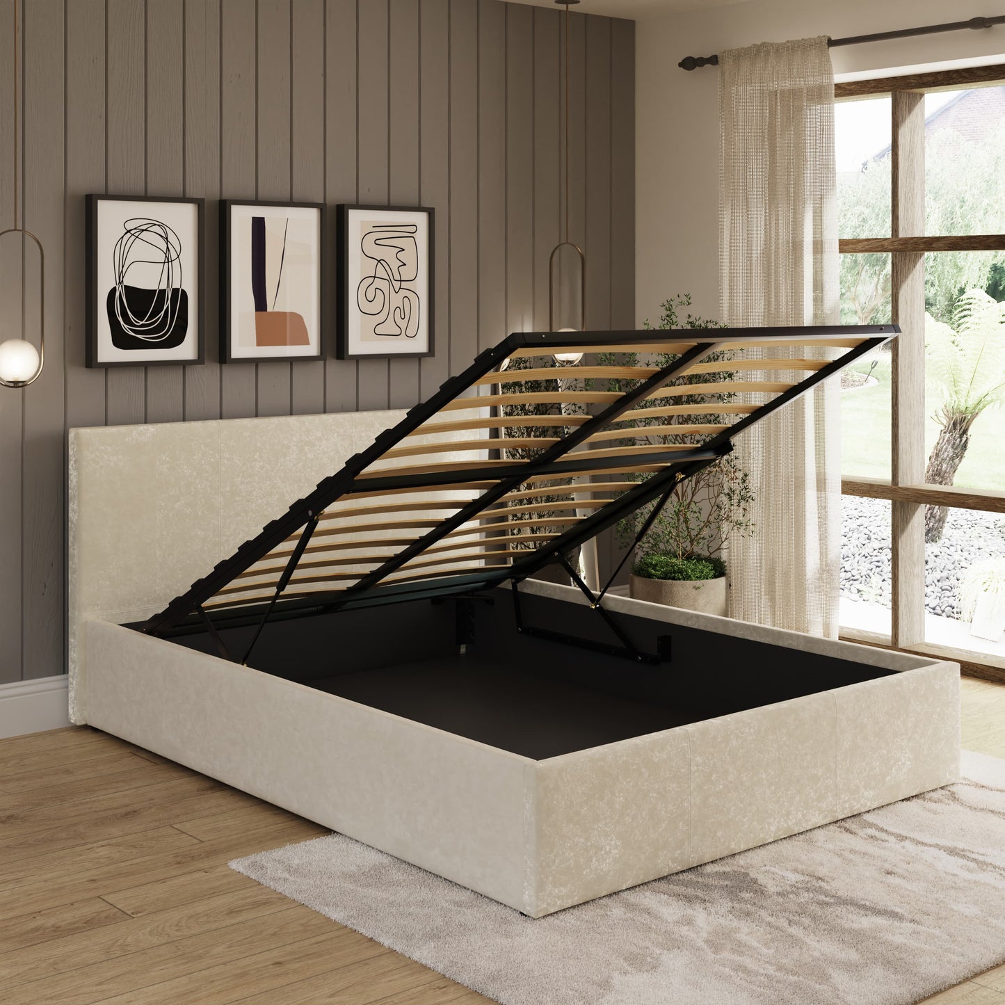 GFW End Lift Cream Crushed Velvet Ottoman Bed Frame Open