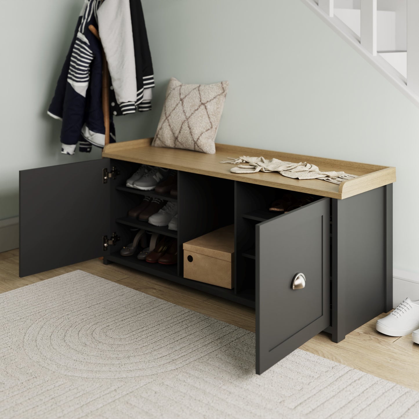 GFW Lancaster 2 Door Shoe Bench - Black 2