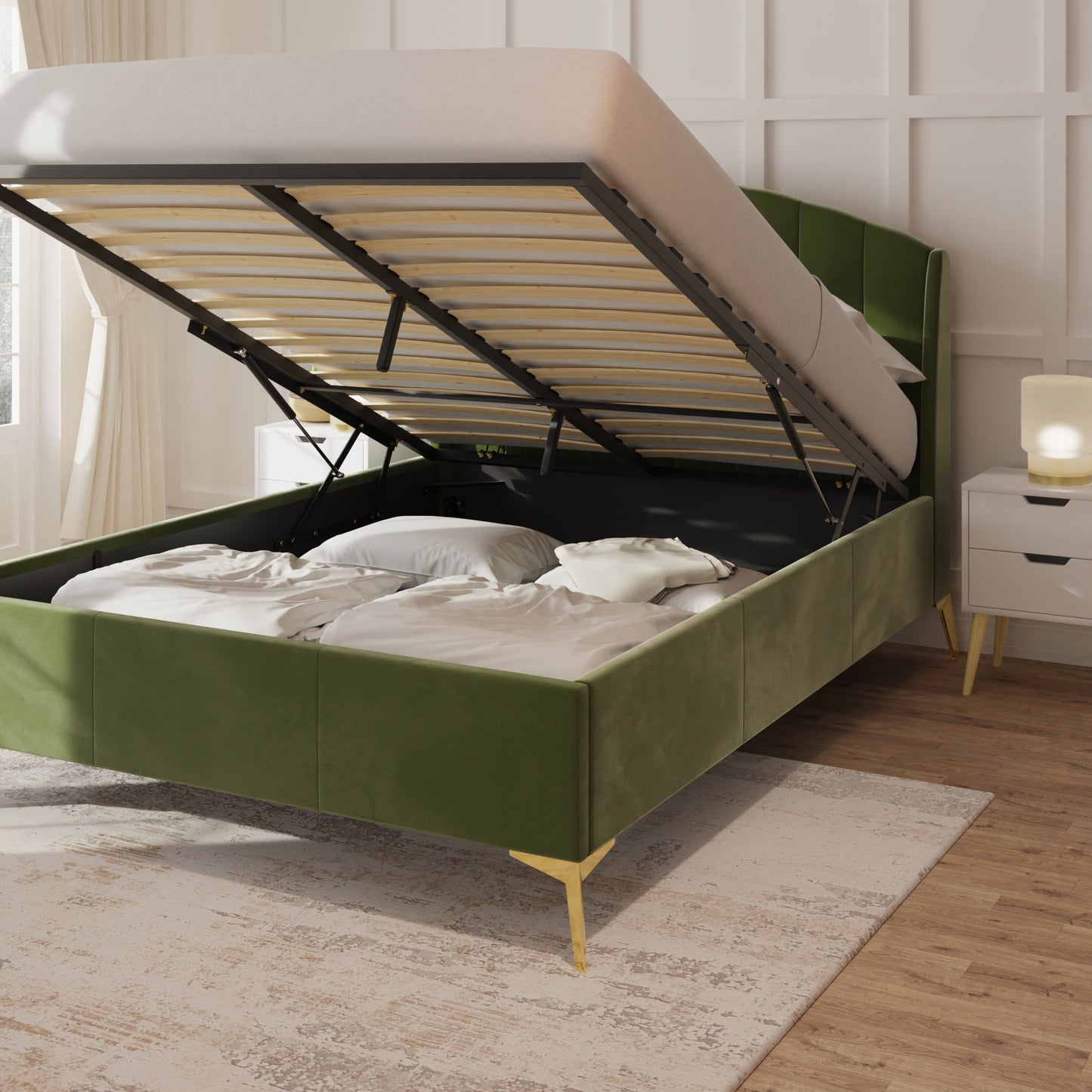 GFW Pettine Green End Lift Ottoman Bed Frame Open