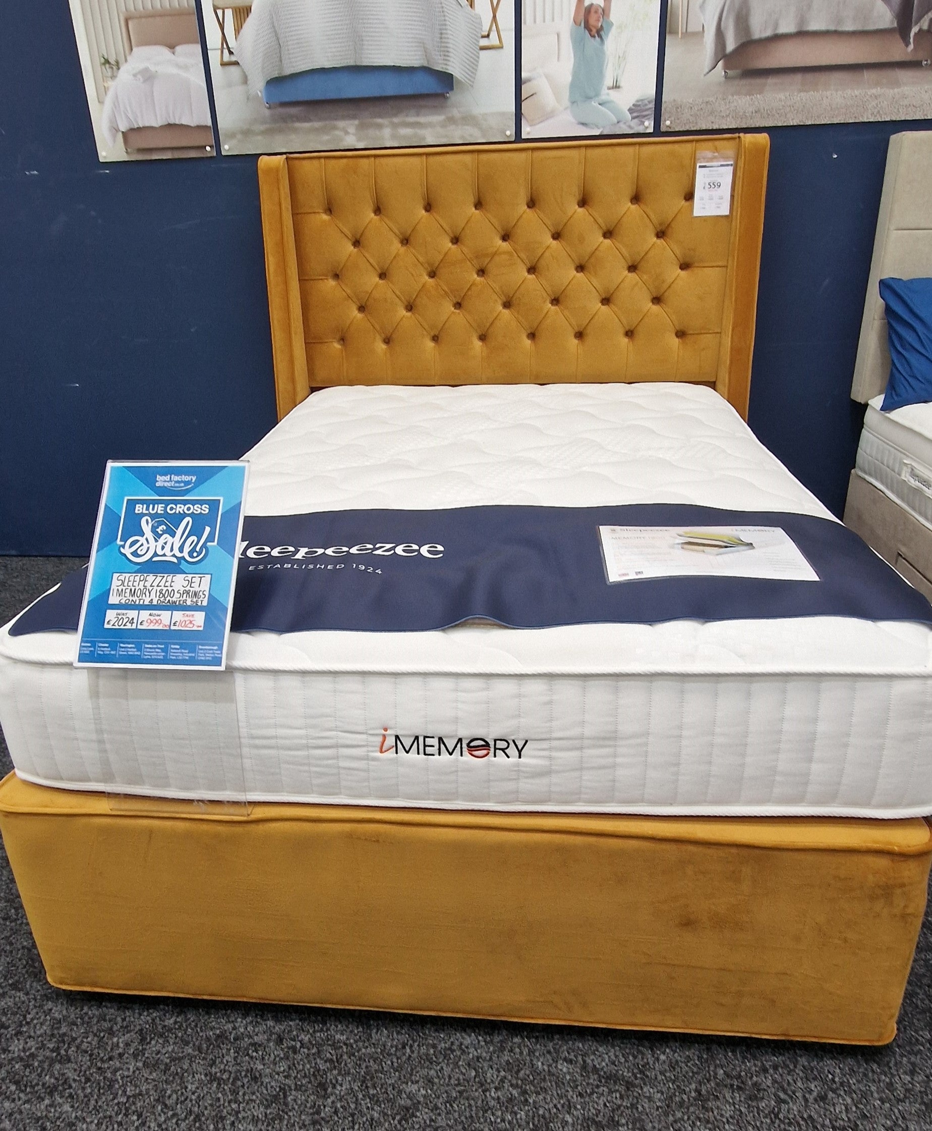 Ex Display - Sleepeezee I-Memory 1800 Mustard Divan Bed & Headboard - Double