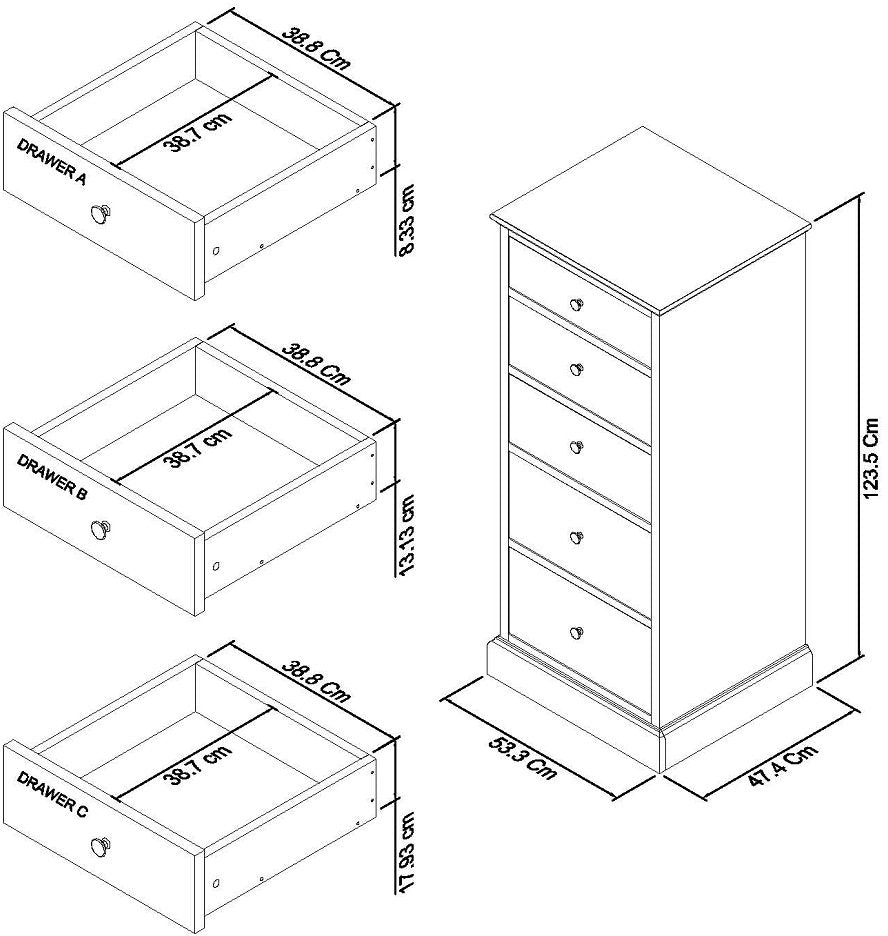 Ashby Soft Grey 5 Drawer Tall Chest Dimensions