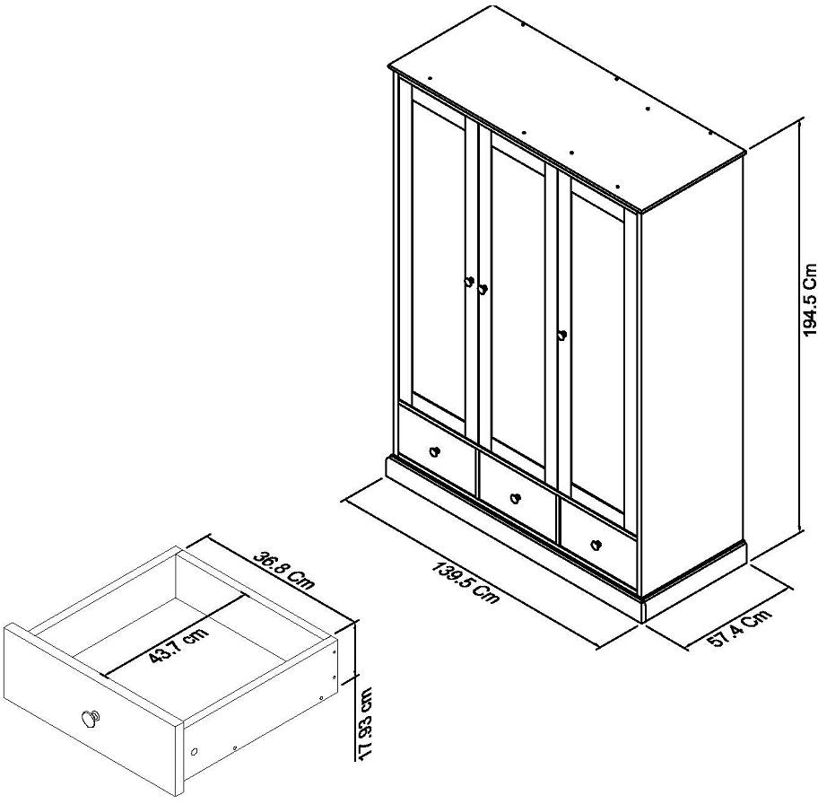 Ashby Soft Grey Triple Wardrobe Dimensions