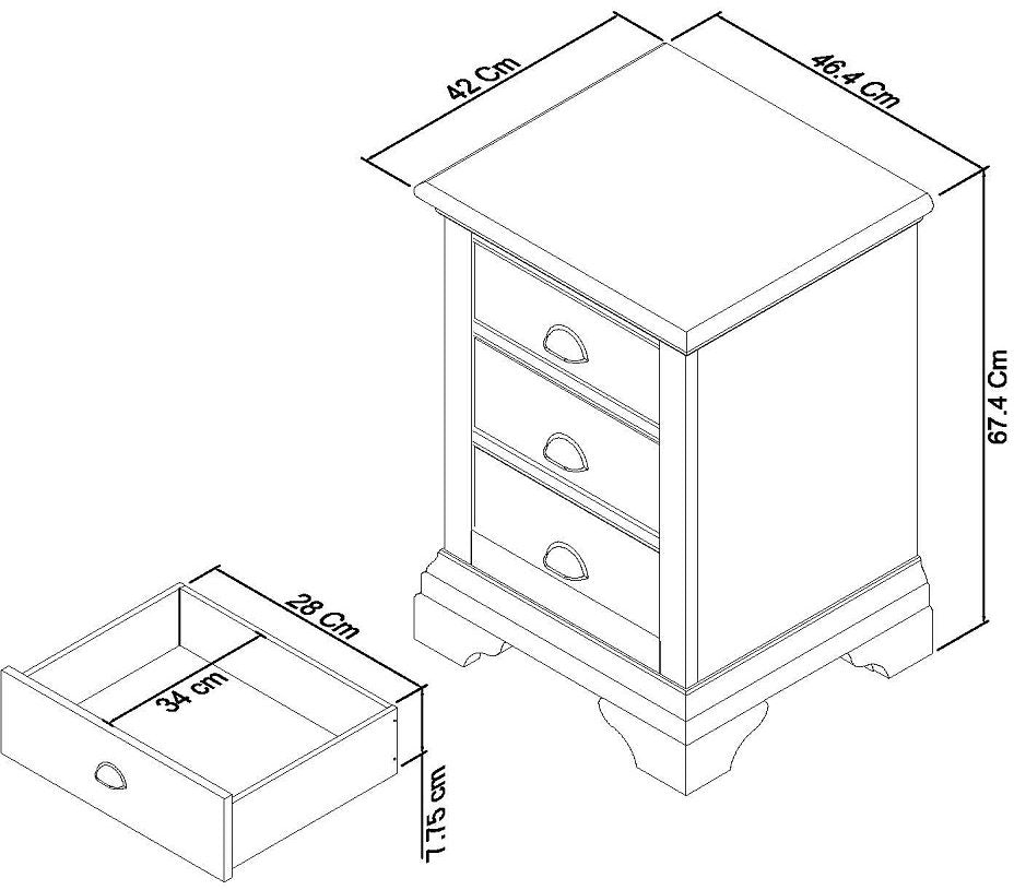 Bentley Hampstead 3 Drawer Nightstand - Grey & Oak Dimensions