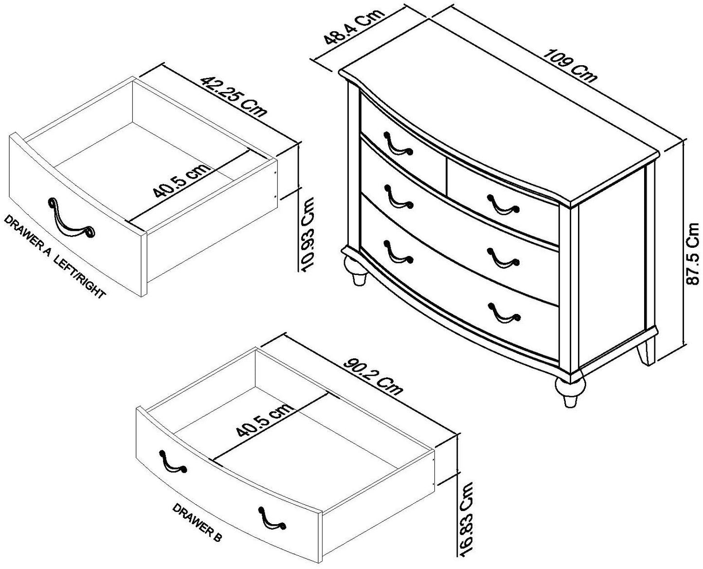 Montreux Grey Washed Oak & Soft Grey 2+2 Drawer Chest Dimensions