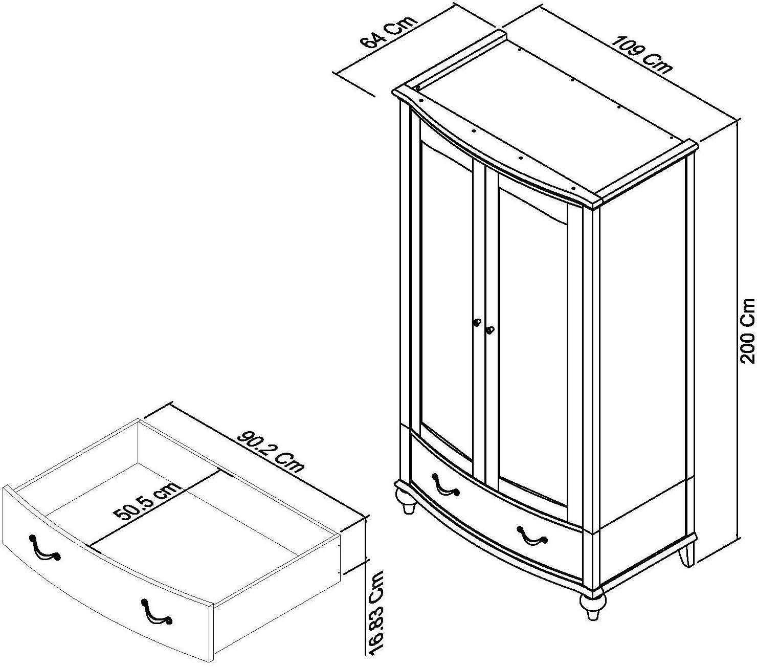 Montreux Grey Washed Oak & Soft Grey Double Wardrobe Dimensions