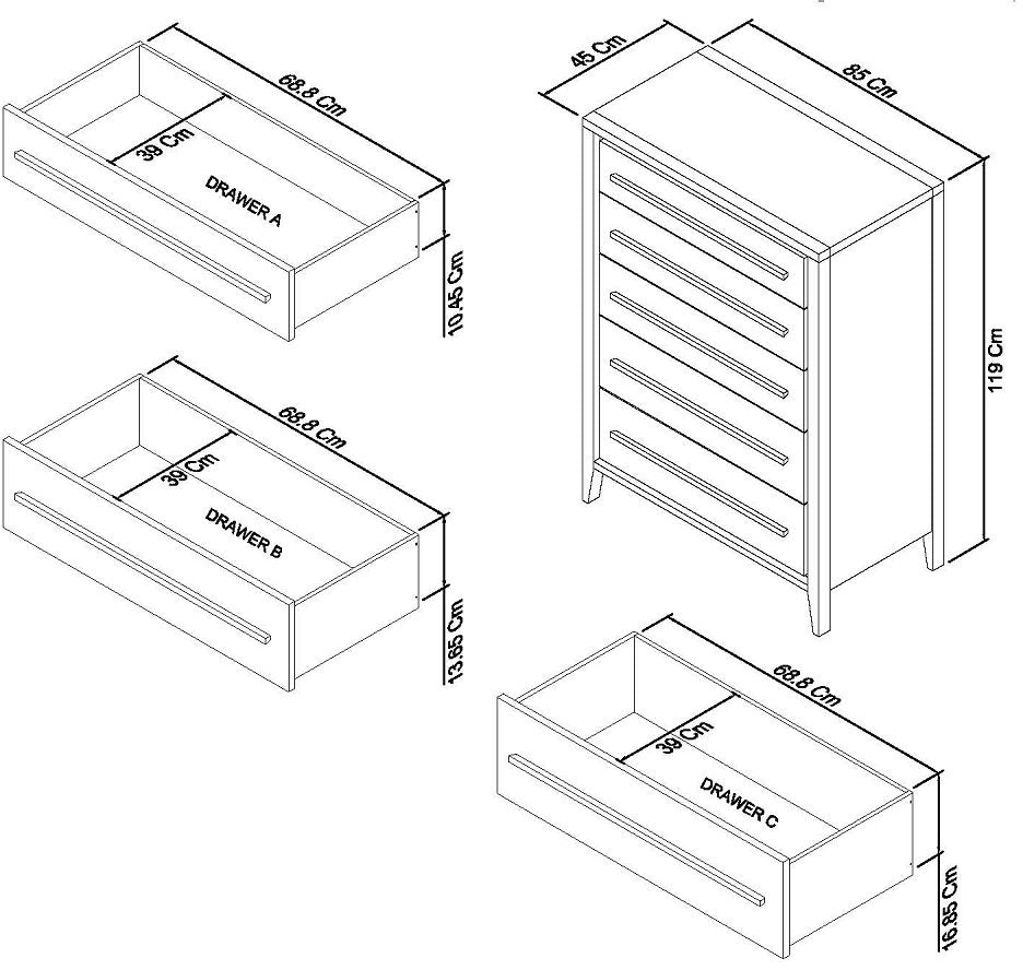 Rimini Aged Oak & Weathered Oak 5 Drawer Chest Dimensions