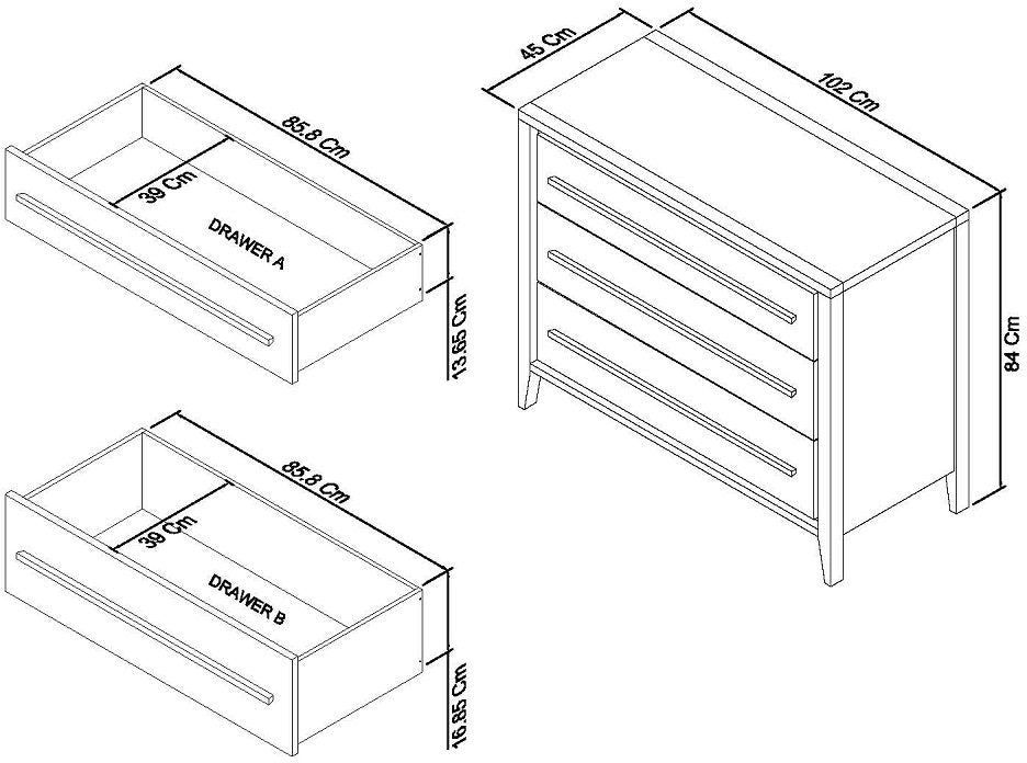 Rimini Aged Oak & Weathered Oak 3 Drawer Chest Dimensions