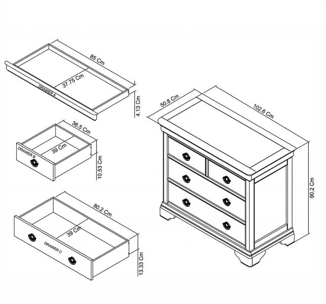 Chantilly White 2+2 Drawer Chest Dimensions