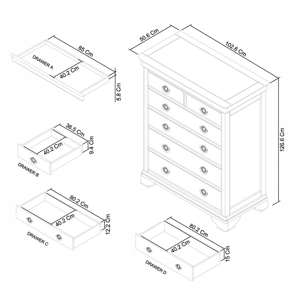 Chantilly White 2+4 Drw Chest Dimensions