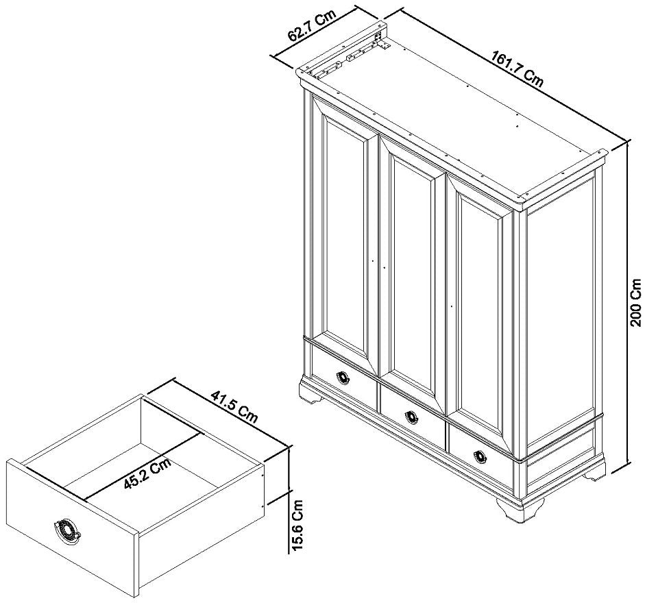 Chantilly White Triple Wardrobe Dimensions