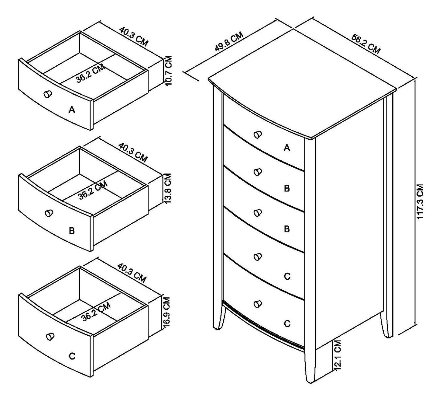 Whitby Scandi Oak & Warm Grey 5 Drawer Chest Dimensions