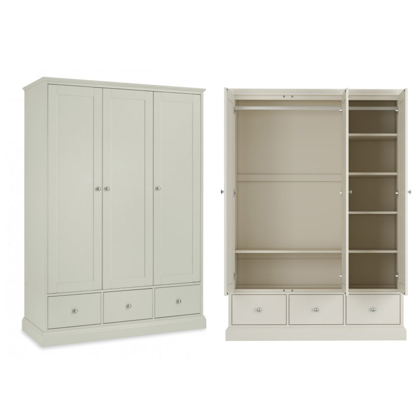 Ashby Soft Grey Triple Wardrobe Open & Closed