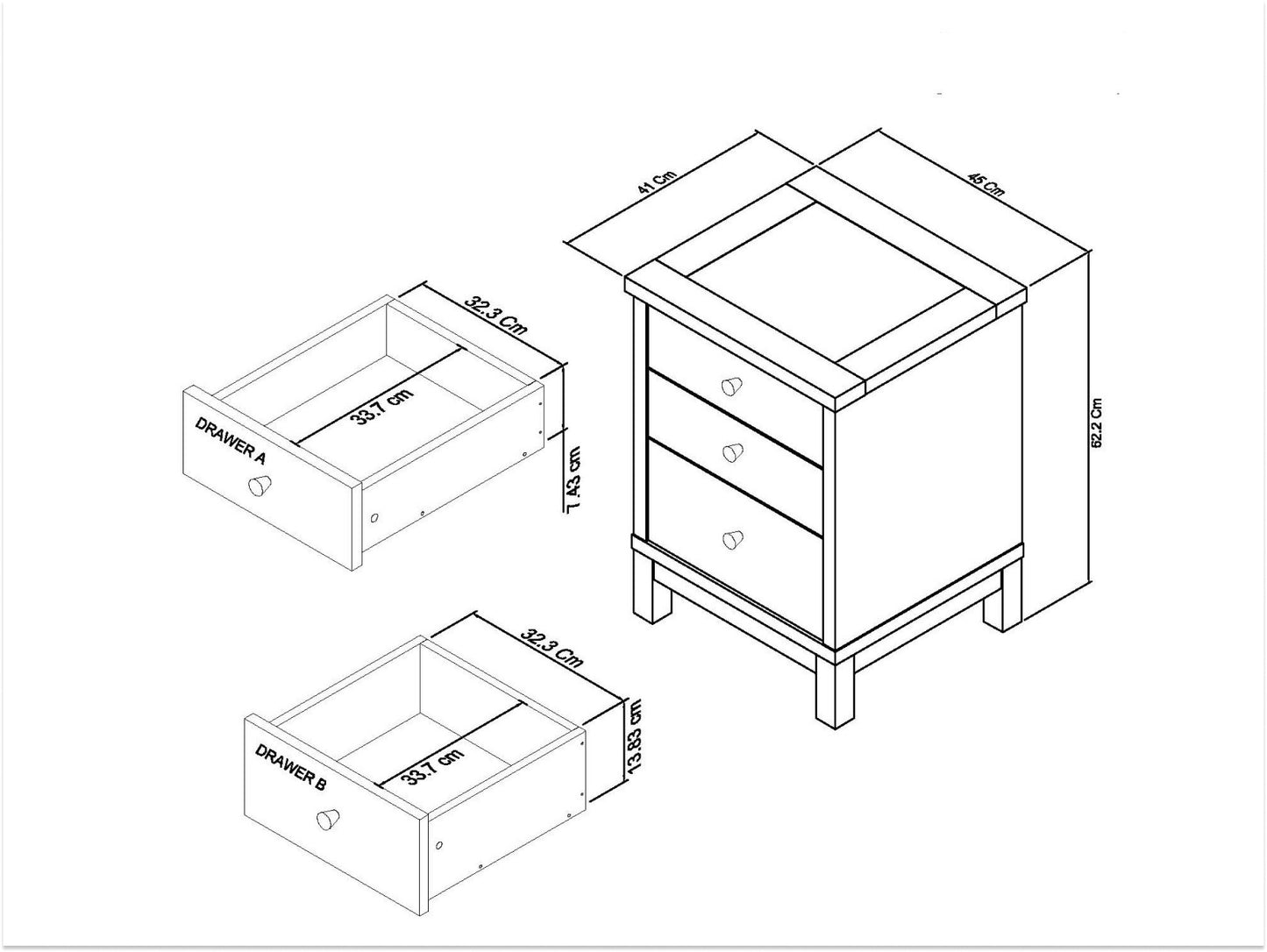 Atlanta Oak 3 Drawer Nightstand Dimensions