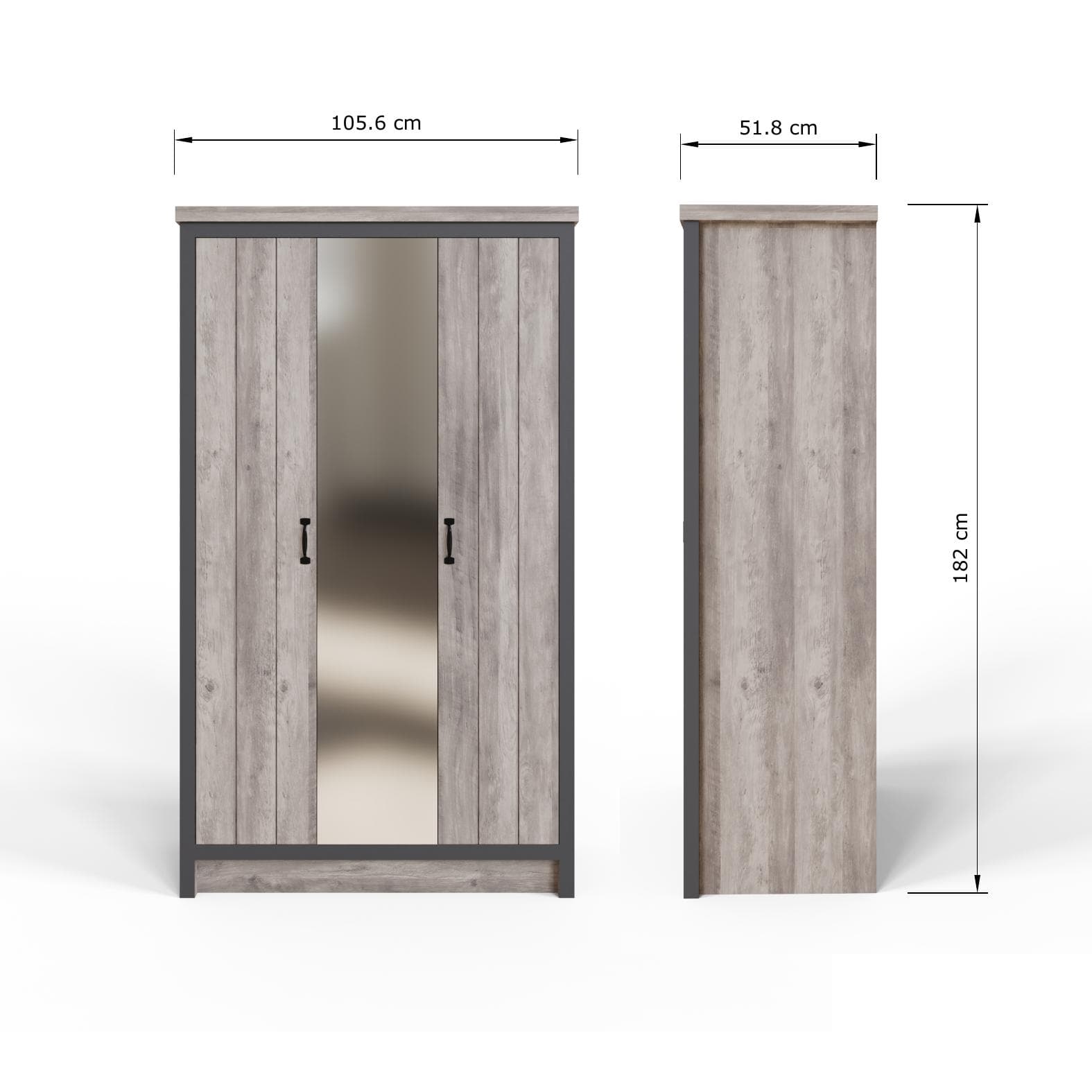 GFW Boston 3 Door Mirrored Wardrobe - Grey Dimensions