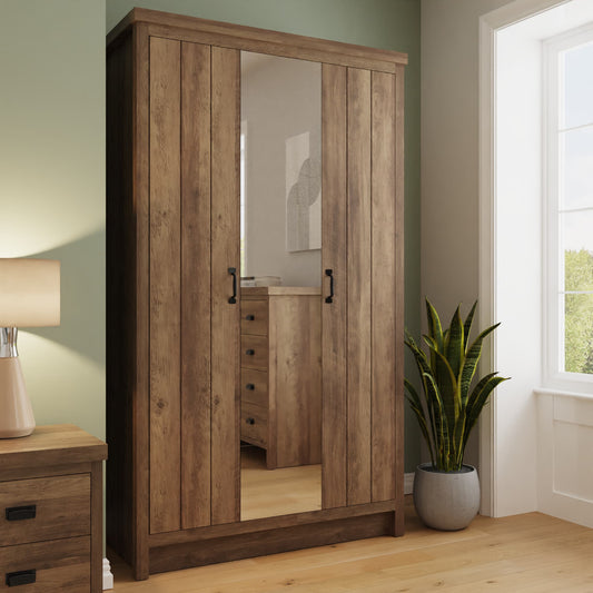 GFW Boston 3 Door Mirrored Wardrobe - Knotty Oak