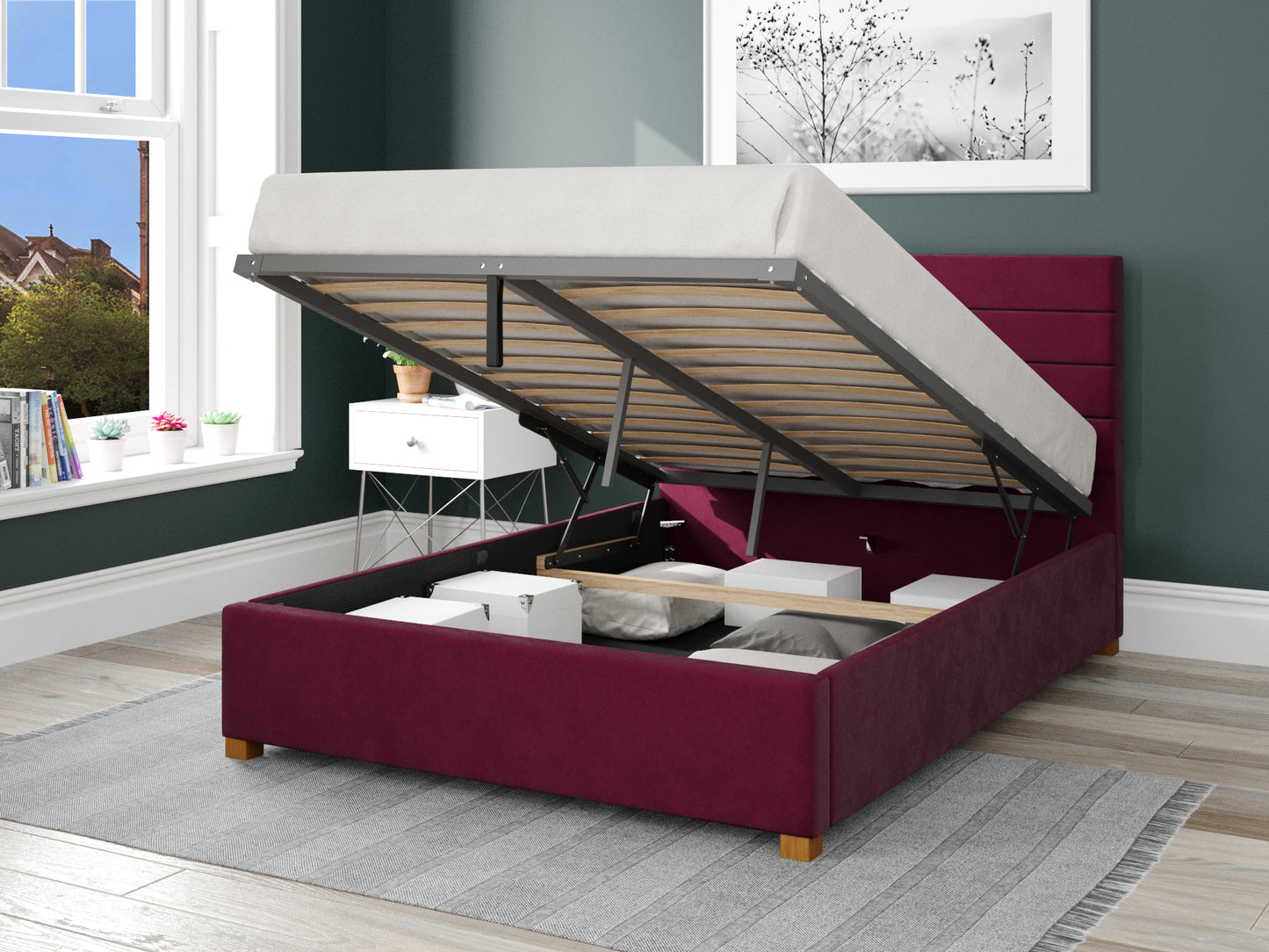 Calypso Fabric End Opening Ottoman Bed - Plush Velvet Berry 2