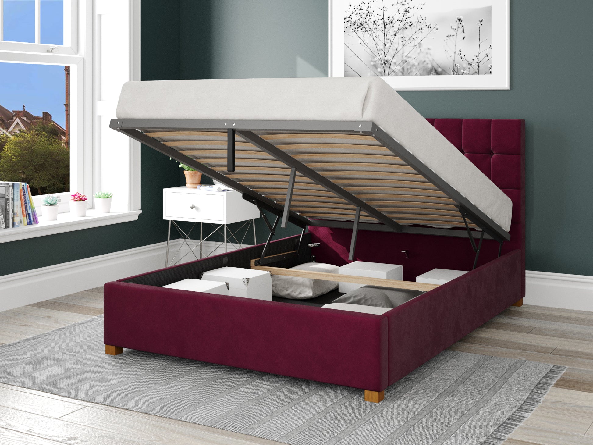 Helena Fabric End Opening Ottoman Bed - Plush Velvet Berry 2