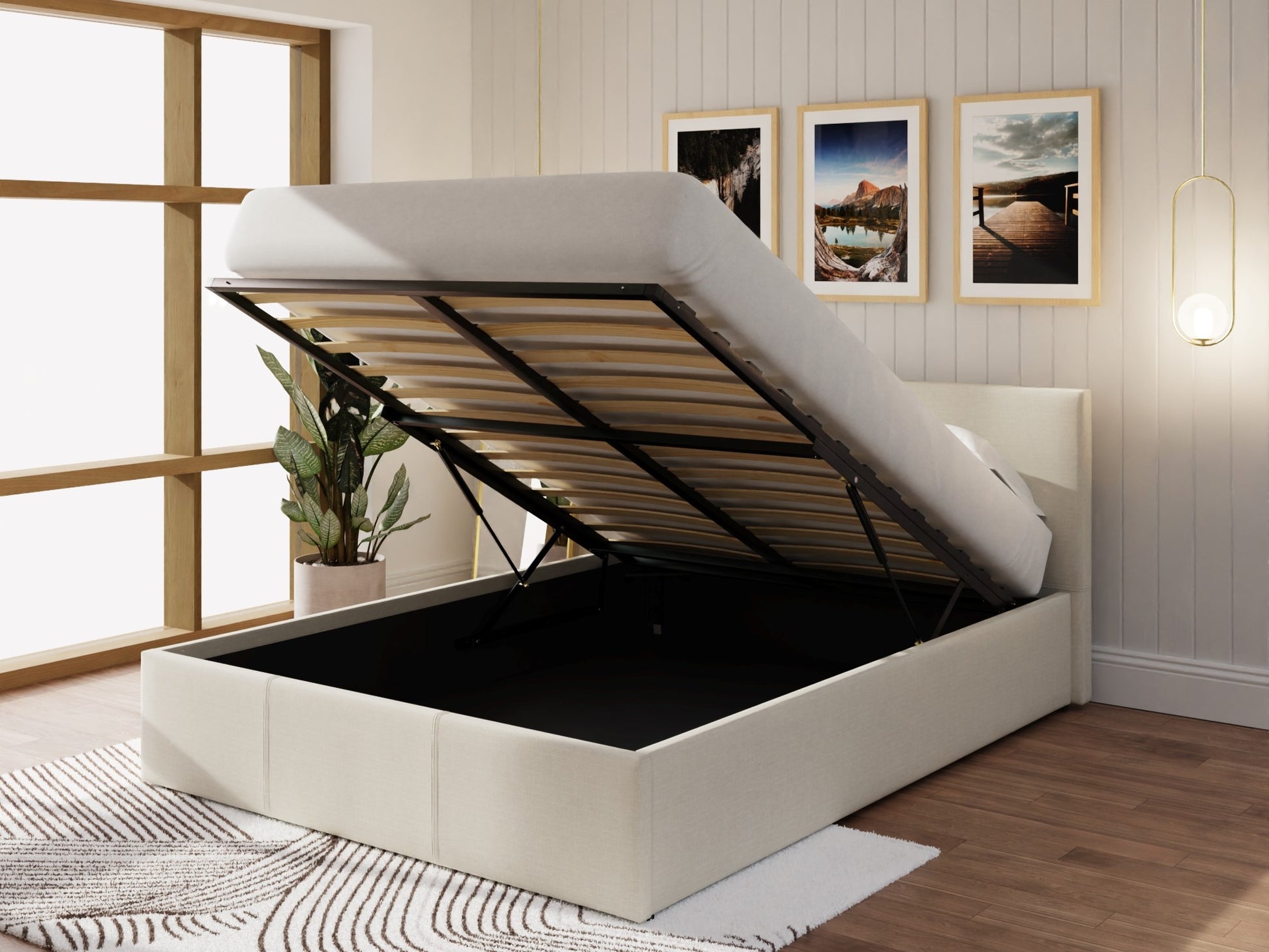 GFW End Lift Natural Fabric Ottoman Bed Frame  Open
