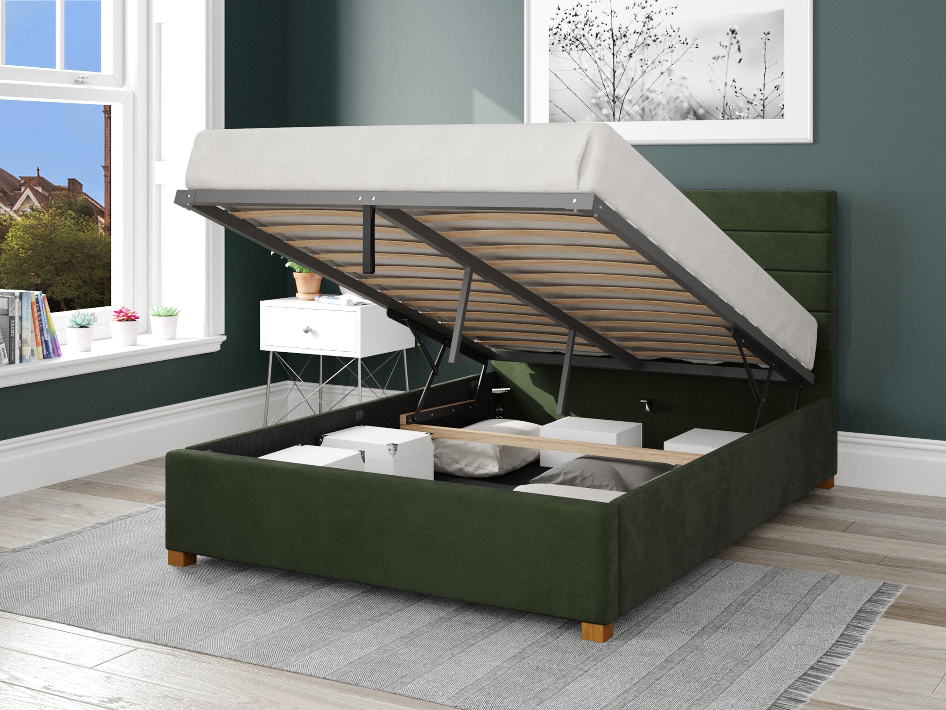 Calypso Fabric End Opening Ottoman Bed - Plush Velvet Forest Green 2