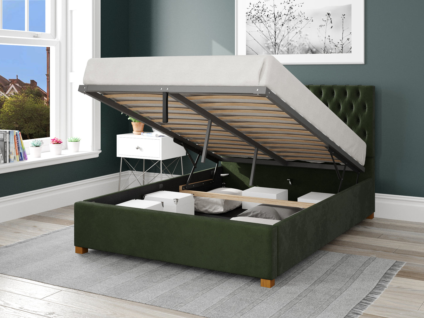 Elara Fabric End Opening Ottoman Bed - Plush Velvet Forest Green 2