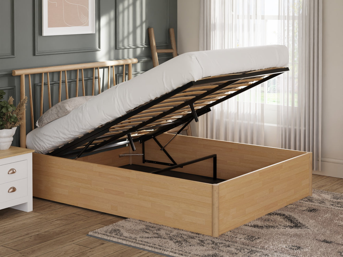 GFW Fusum Wooden End Lift Oak Ottoman Bed Frame OPen
