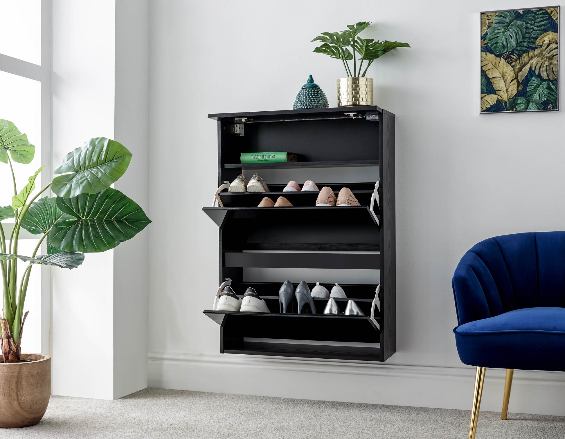 GFW Galicia Wall Hanging Two Tier Shoe Cabinet - Black