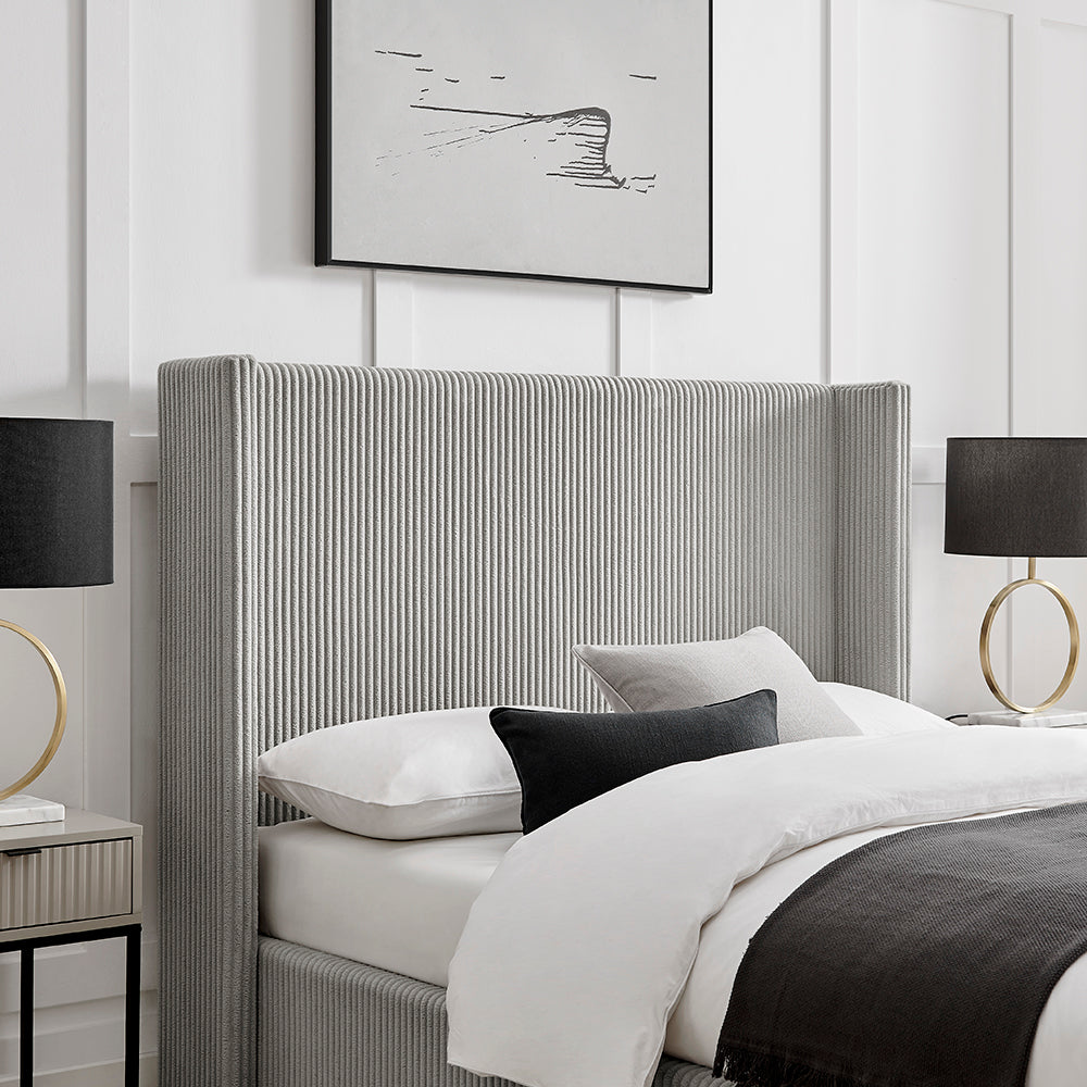 Limelight Gemini Grey Fabric Ottoman Bed Frame - headboard close up