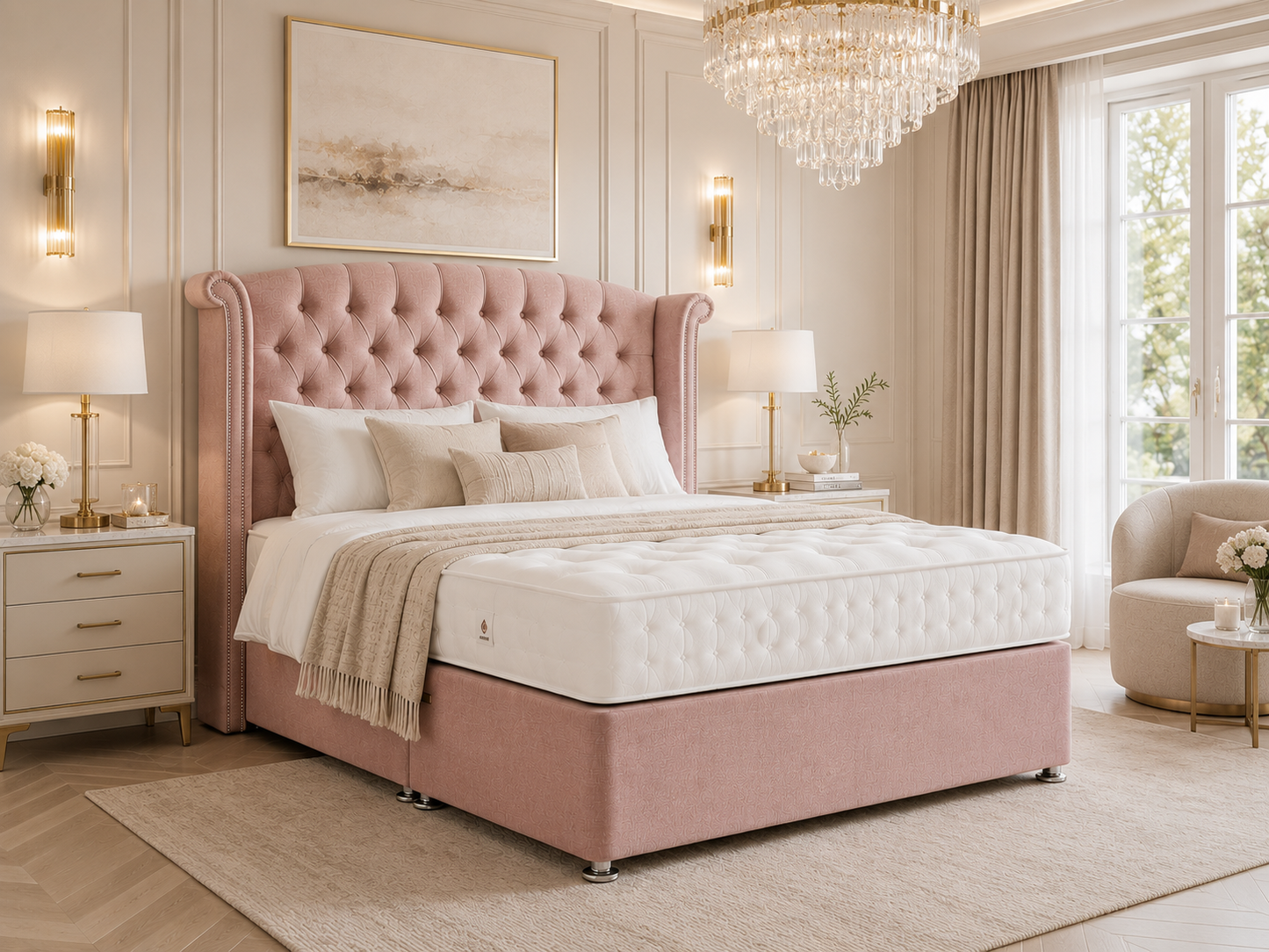 Graceland Pink Divan Base With Chelsea Floor Standing Headboard Bundle - Double