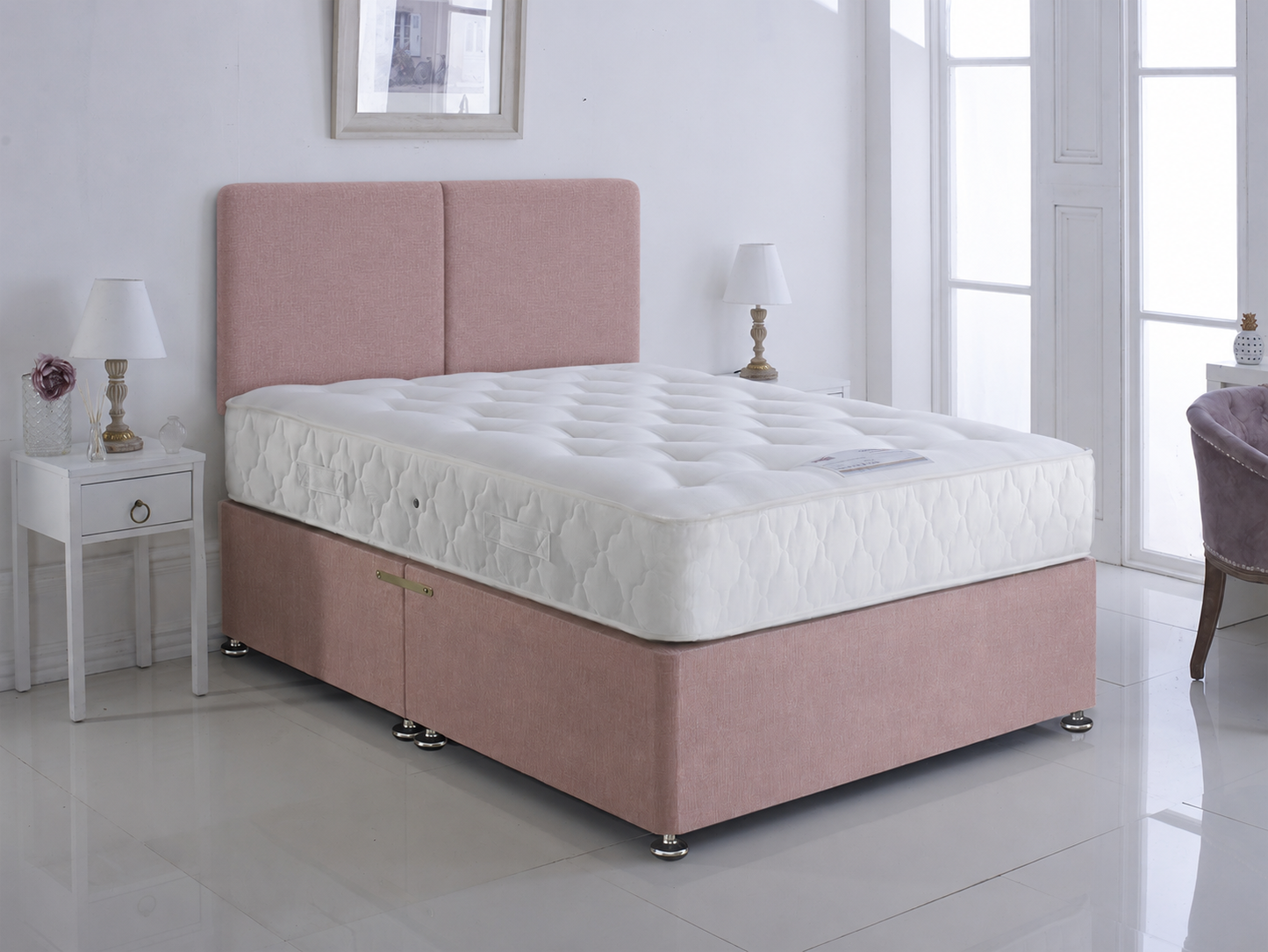 Graceland Pink Divan Base With Jewell 22 Inch Headboard Bundle - Single