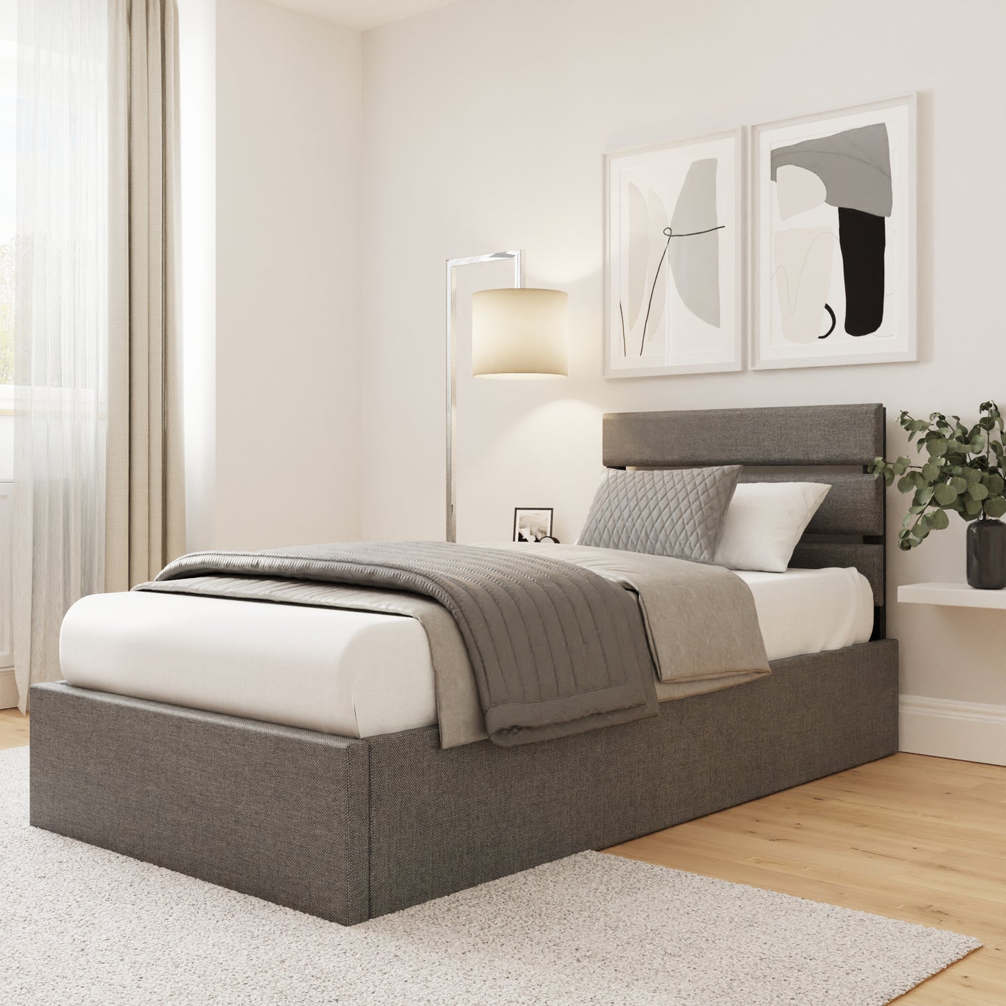 GFW Hudson Grey Fabric End Lift Ottoman Bed - Single Closed