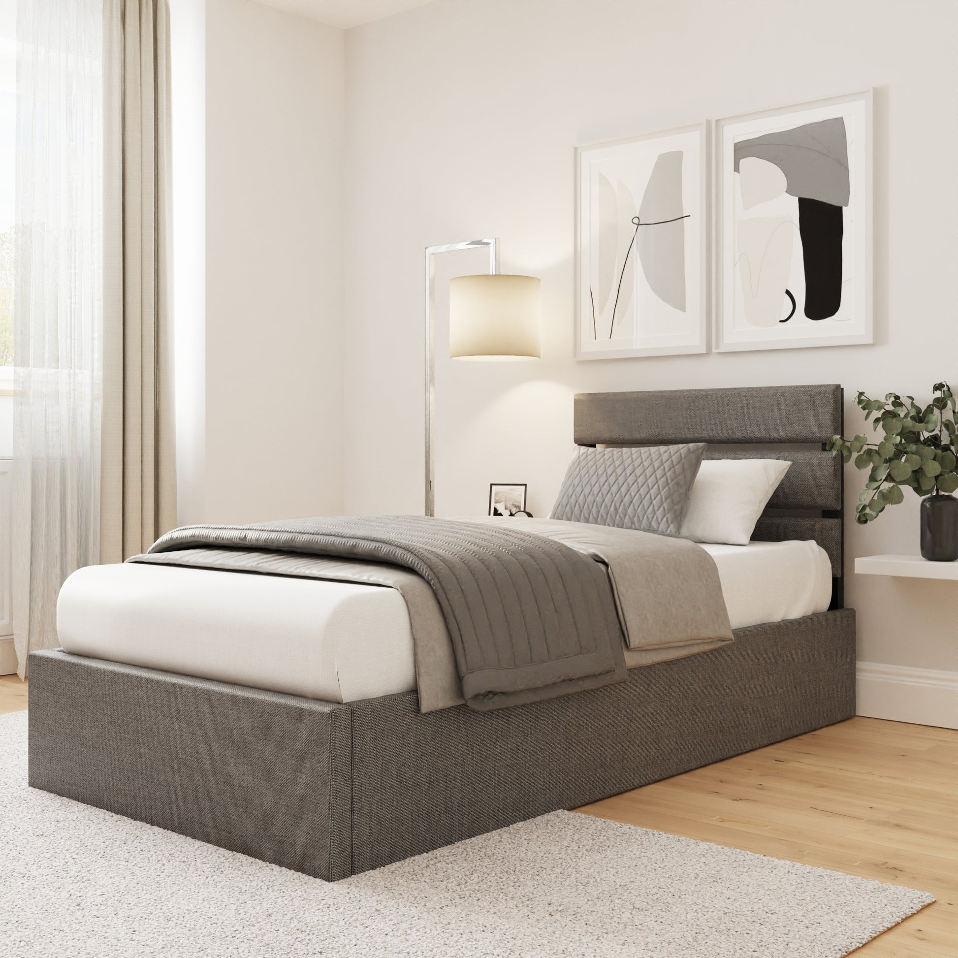 GFW Hudson Grey Fabric End Lift Ottoman Bed - Single Closed