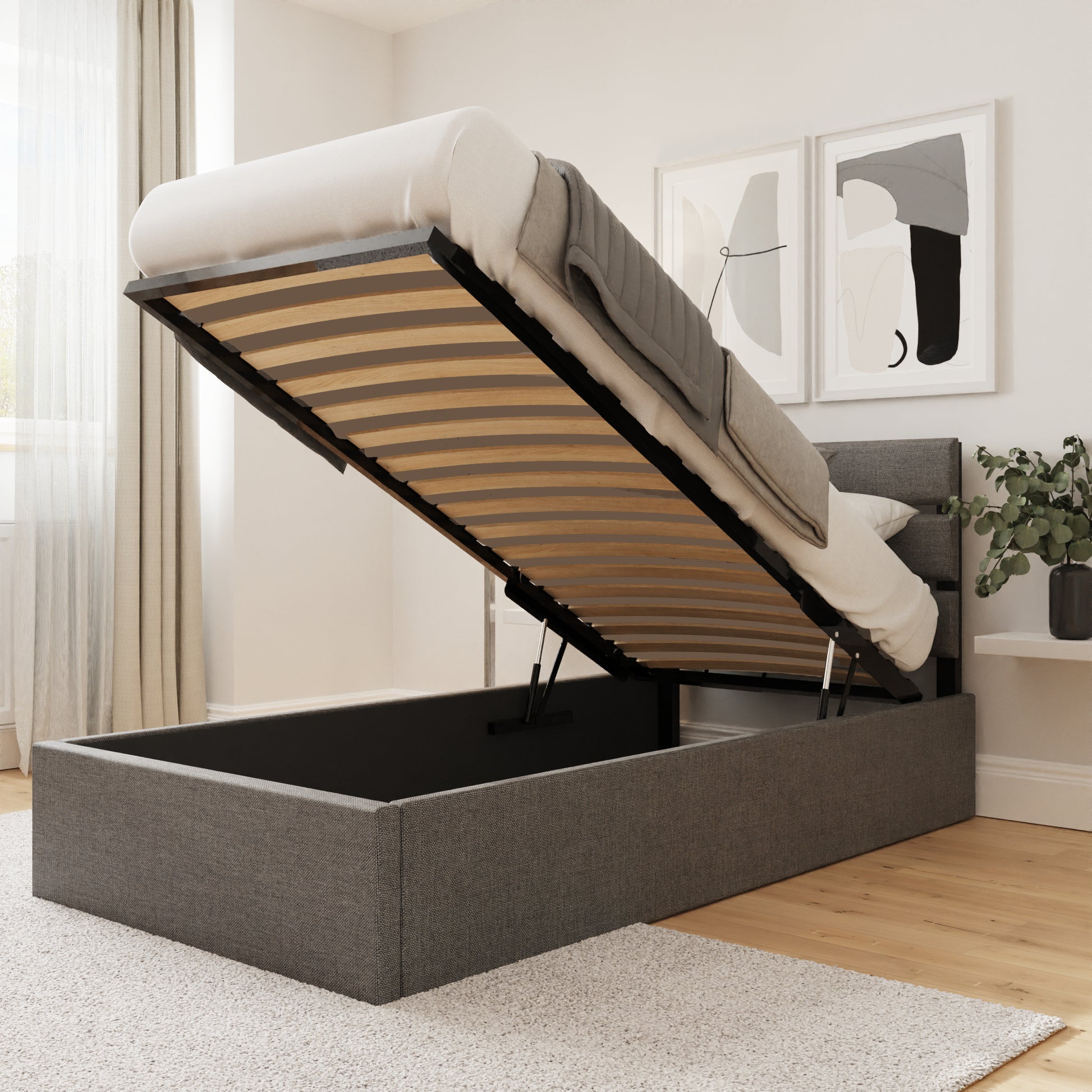 GFW Hudson Grey Fabric End Lift Ottoman Bed - Single Open