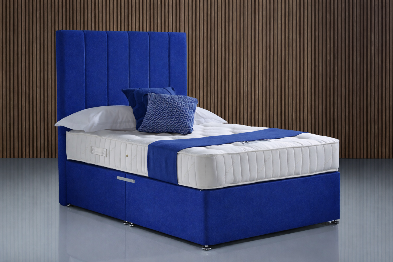 Java Hotel-Grade Luxury Pocket Spring Mattress on royal blue divan base with deep panel headboard