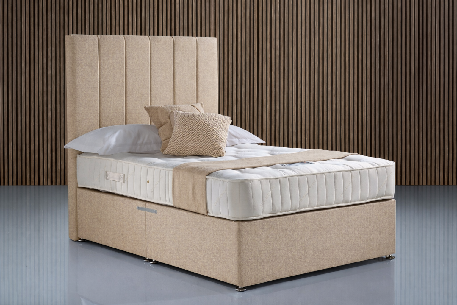 Java Hotel-Grade Luxury Pocket Spring Mattress on beige divan base with deep panel headboard

