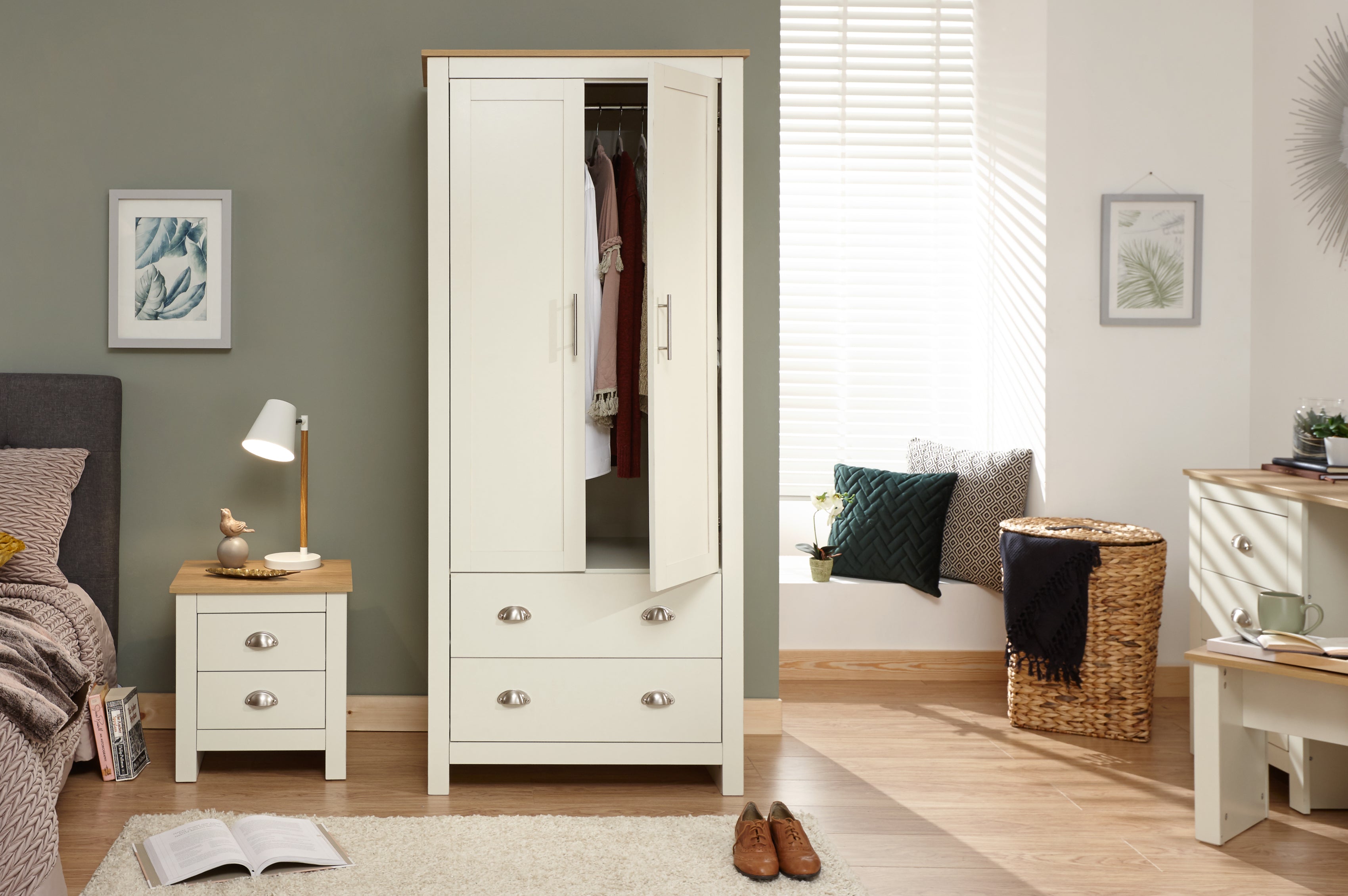 Lancaster 2 Drawer 2 Door Wardrobe - Cream – Bed Factory Direct
