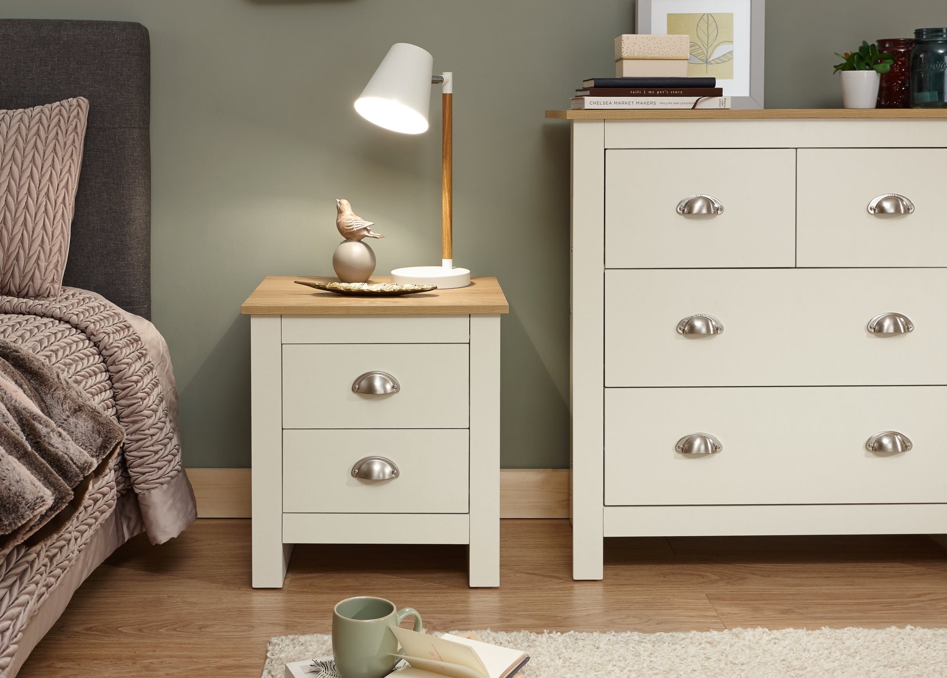 GFW Lancaster 2 Drawer Bedside Table - Cream