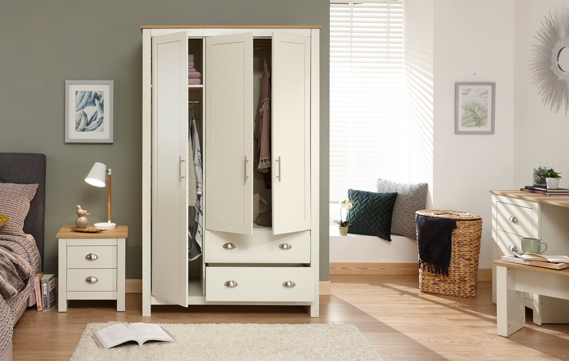 GFW Lancaster 2 Drawer 3 Door Wardrobe - Cream 2