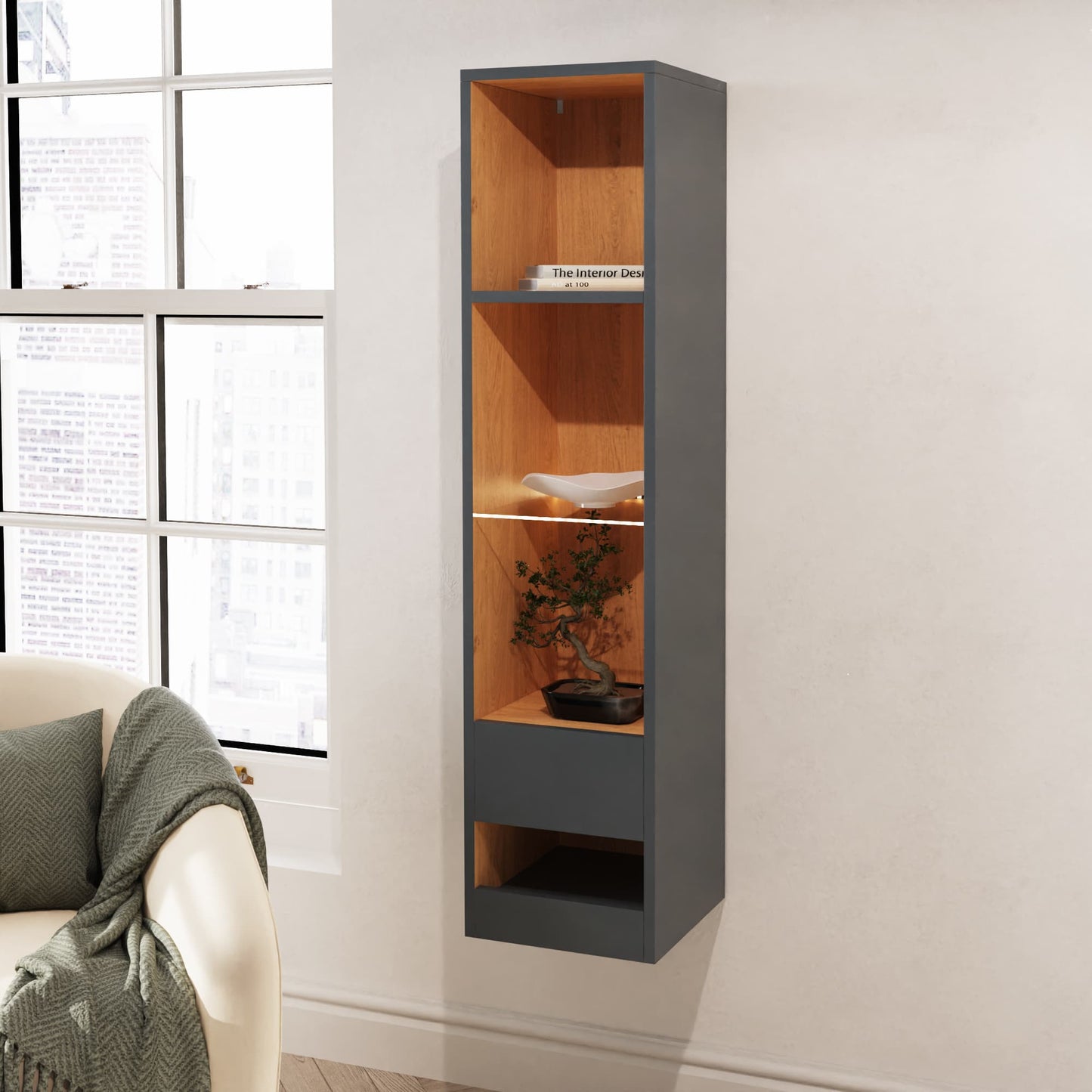 GFW Leon Tall Shelf Unit with LED - Anthracite
