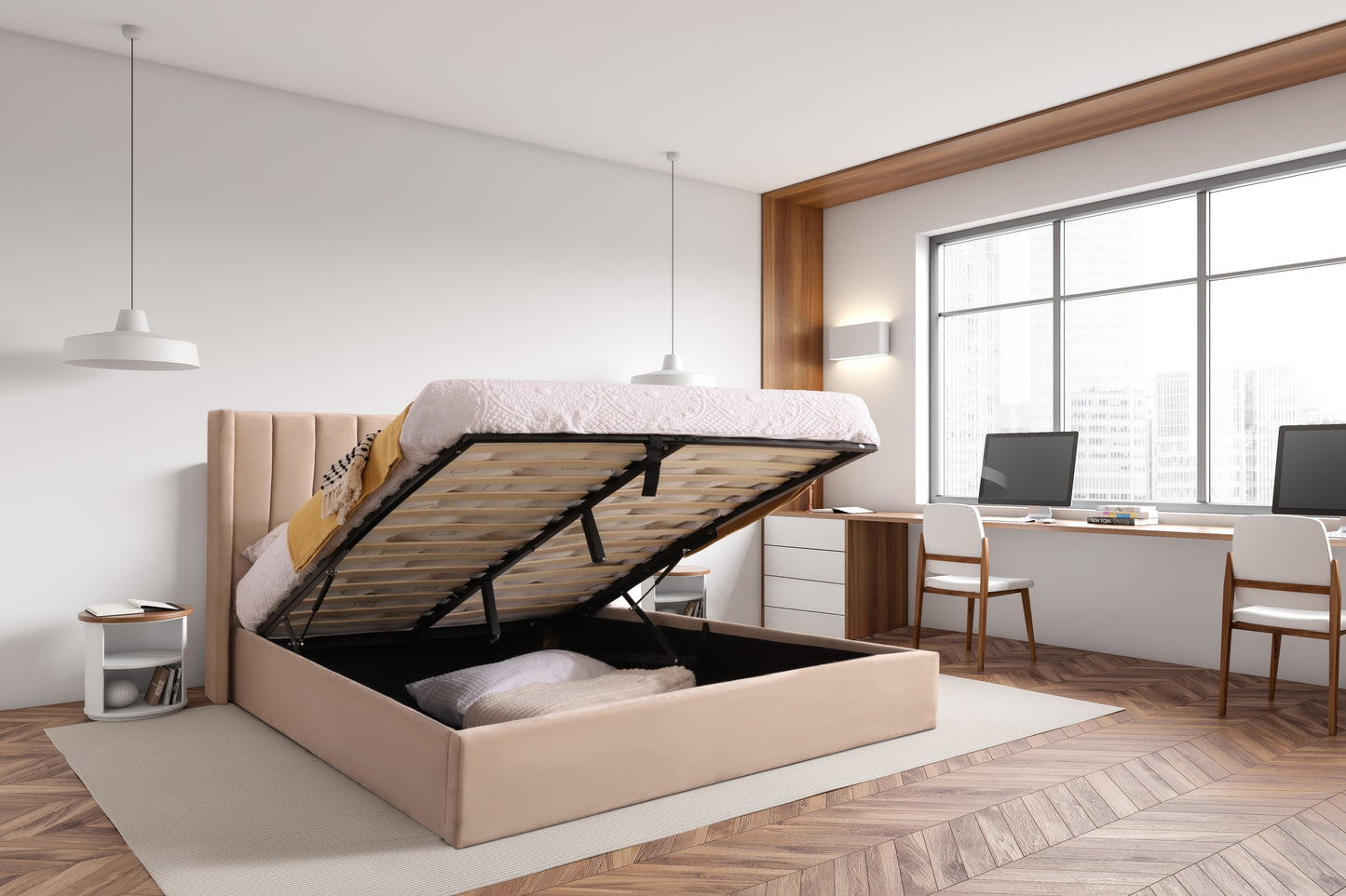 Lucia Warm Stone Velvet End Lift Ottoman Bed Frame With Mattress - Open