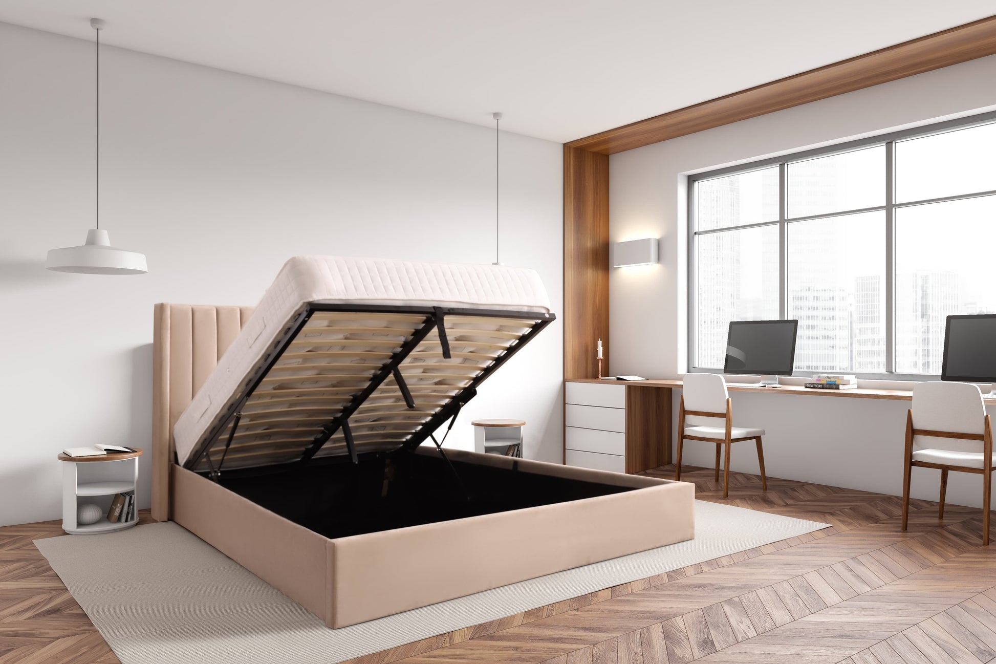 Lucia Warm Stone Velvet End Lift Ottoman Bed Frame With Mattress Fully Open