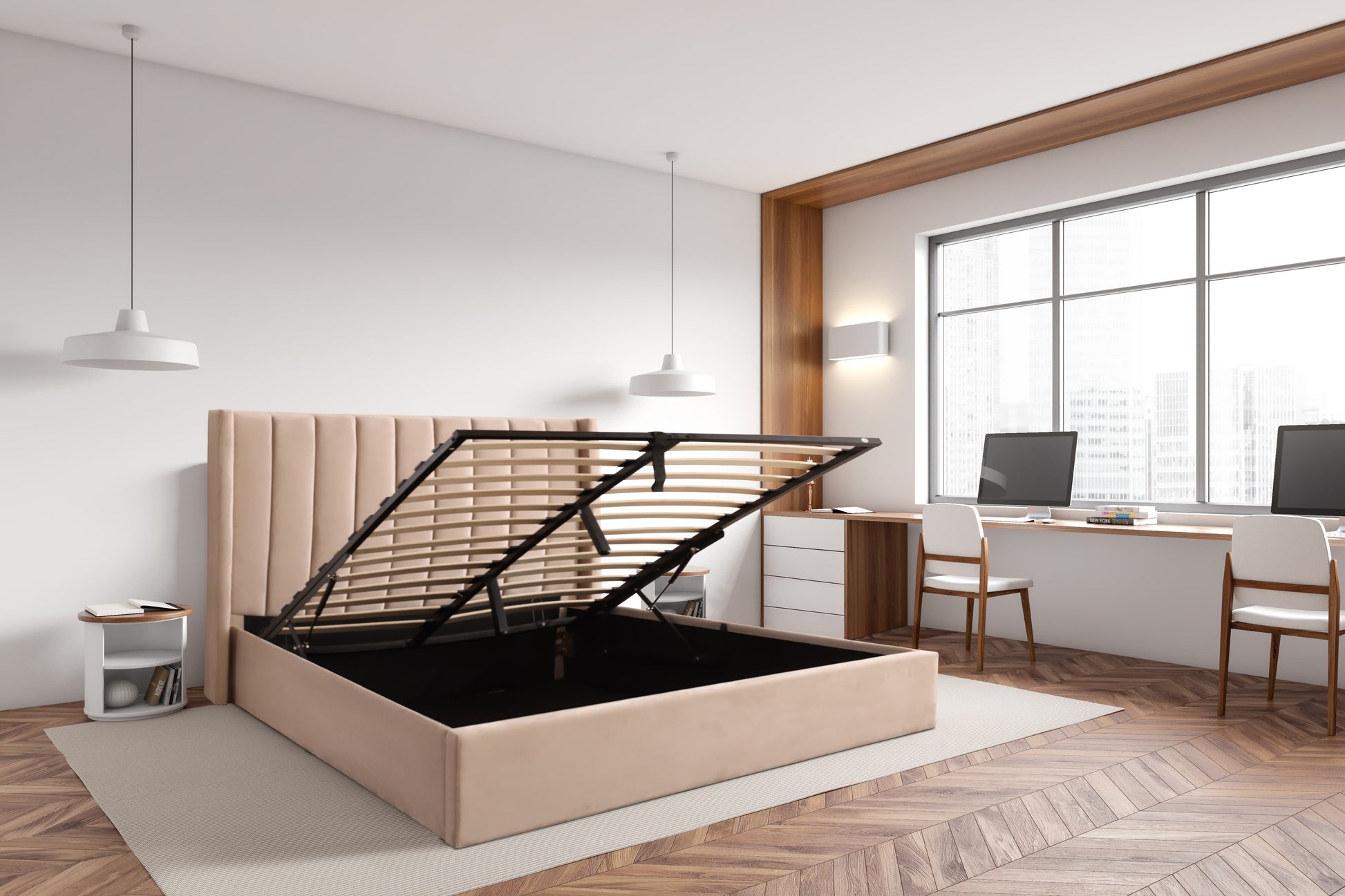 Lucia Warm Stone Velvet End Lift Ottoman Bed Frame Without Mattress Open