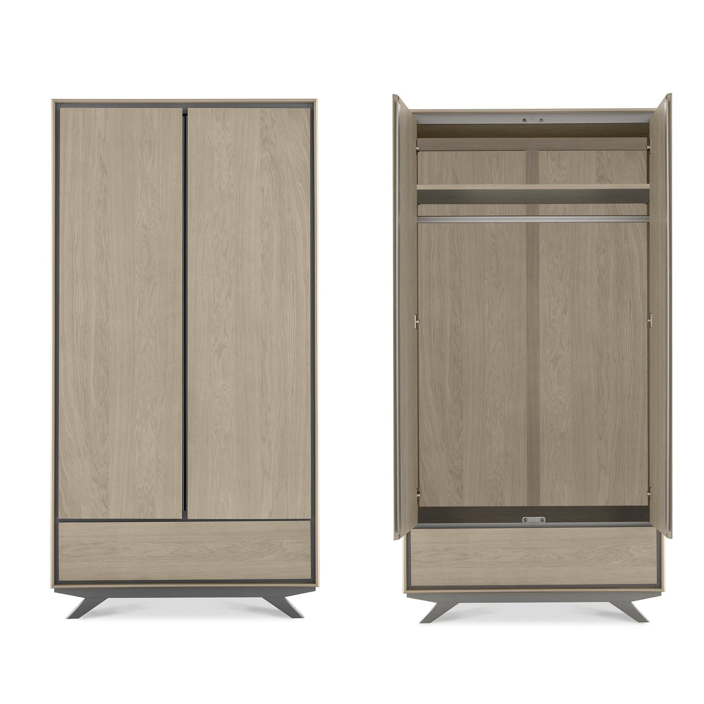 Brunel Scandi Oak & Dark Grey Double Wardrobe Open & Closed