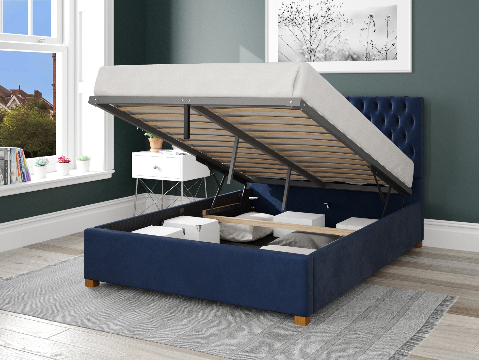 Elara Fabric End Opening Ottoman Bed - Plush Velvet Navy 2