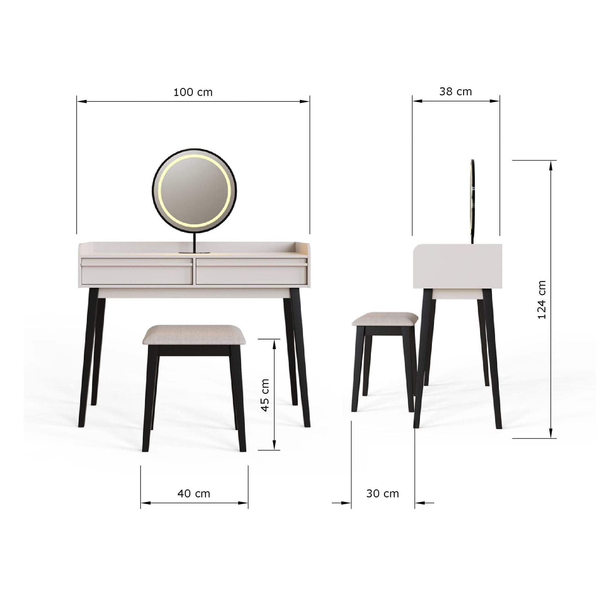 GFW Phoebe LED White Dressing Table & Mirror Set Dimensions