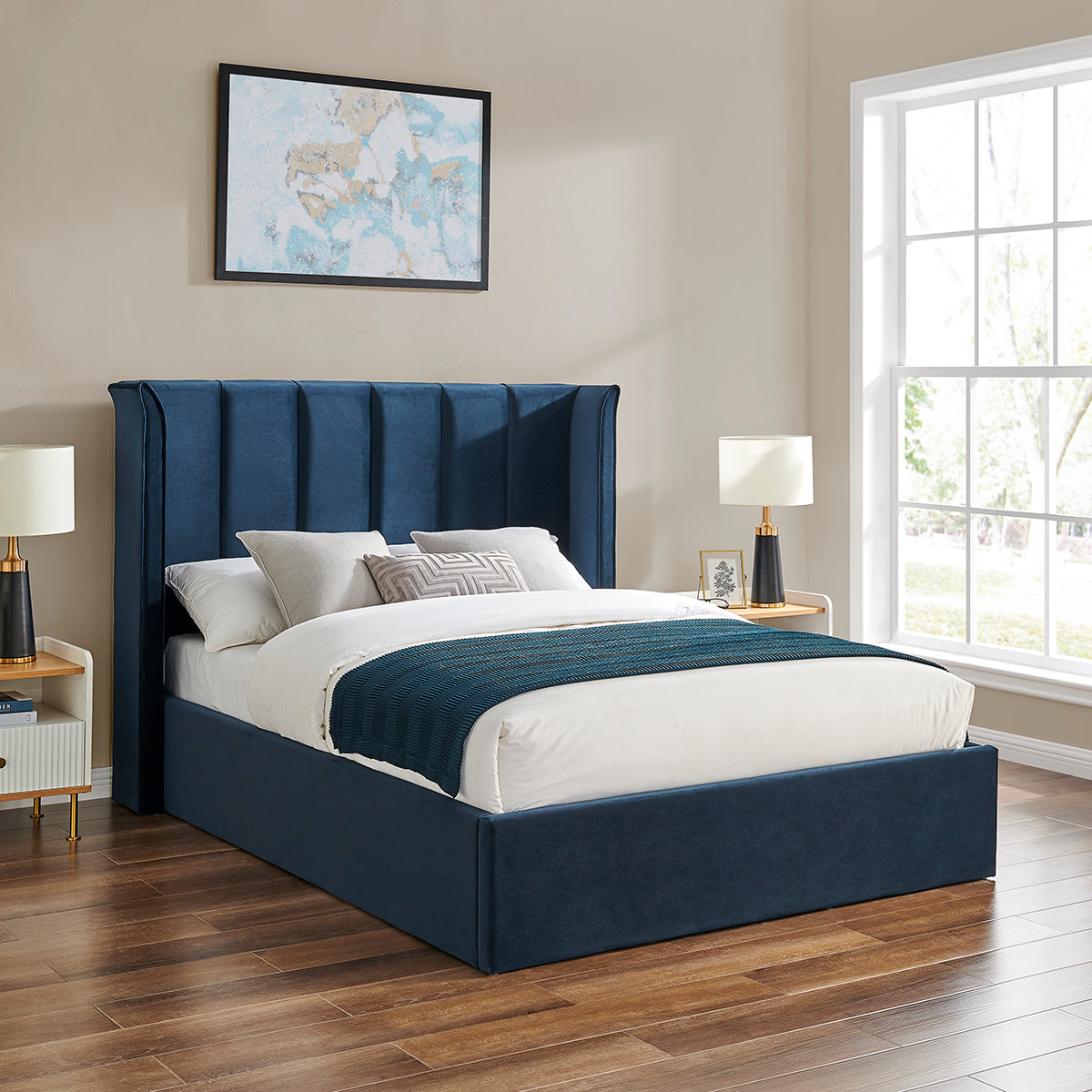 Limelight Polaris Navy Blue Velvet Ottoman Bed Frame - Closed